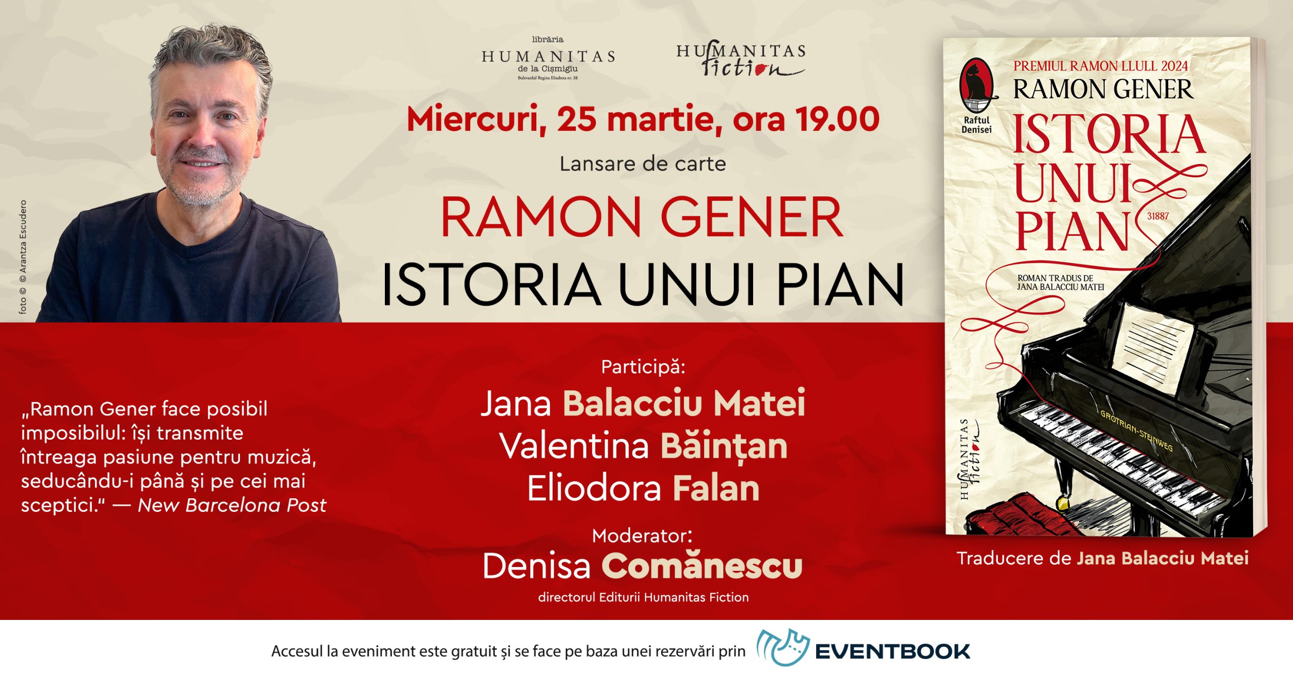 ​Lansare de carte: „Istoria unui pian“ de Ramon Gener, 25 martie, Cișmigiu